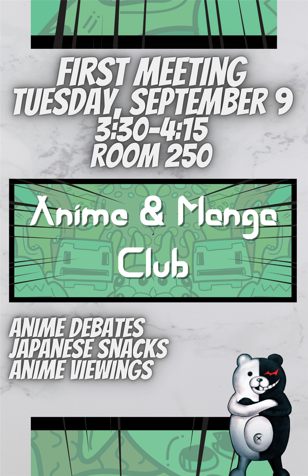 Flyer showing an anime with some words.
